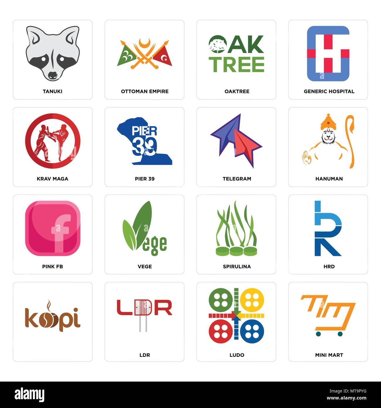 16 Einfache editierbare Ikonen wie Mini Mart, ludo, Ldr,, Hrd, tanuki, Krav Maga, Rosa fb, Telegramm kann für mobile verwendet werden, die Web-UI Stock Vektor