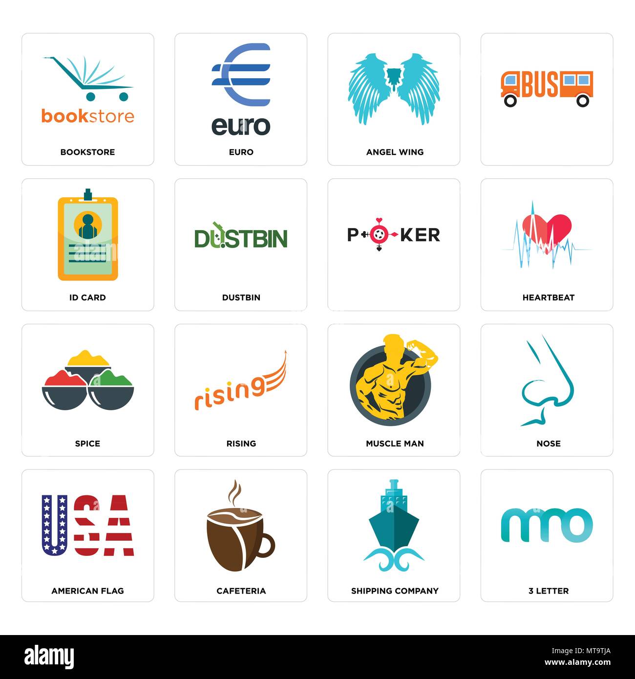 16 Einfache editierbare Ikonen wie 3 schreiben, Reederei, eine Cafeteria, eine amerikanische Flagge, Nase, Buchhandlung, ID-Karte, Gewürz, für mobile verwendet werden, Stock Vektor