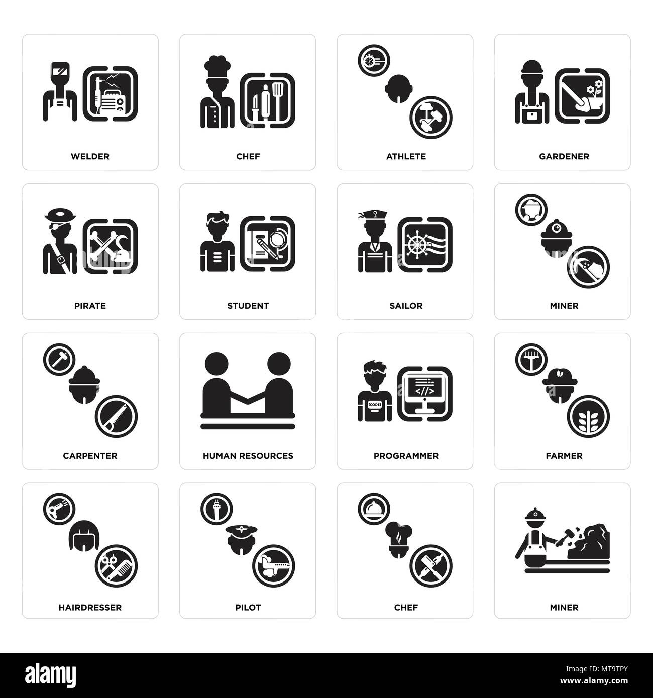 16 Einfache editierbare Ikonen wie Bergmann, Koch, Pilot, Friseur, Landwirt, Schweißer, Pirat, Tischler, Sailor für mobile verwendet werden, die Web-UI Stock Vektor