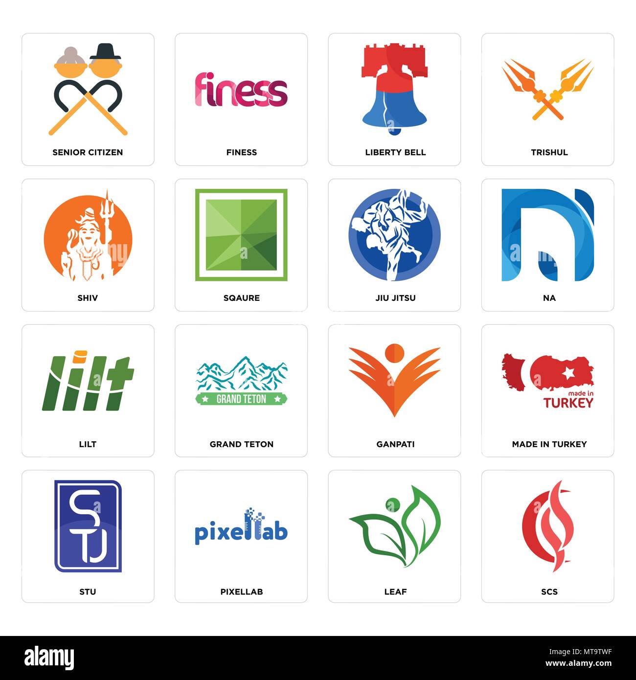 16 Einfache editierbare Ikonen wie scs, Blatt, pixellab, Stu, in der Türkei gemacht wurden, Senioren, Shiv, Lilt, Jiu Jitsu für mobile verwendet werden, die Web-UI Stock Vektor