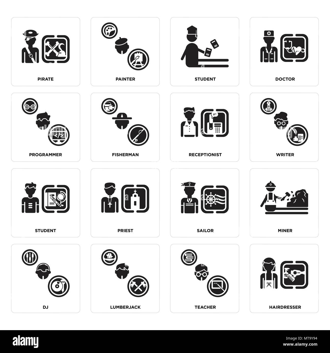 16 Einfache editierbare Ikonen wie Friseur, Lehrer, Holzfäller, DJ, Bergmann, Pirat, Programmierer, Student, Rezeptionist kann für mobile verwendet werden, Stock Vektor