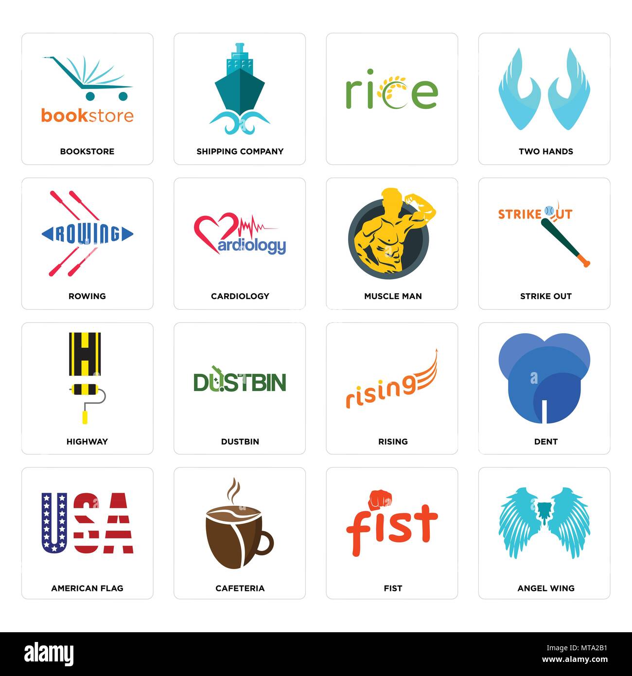16 Einfache editierbare Ikonen wie Angel Wing, Faust, eine Cafeteria, eine amerikanische Flagge, Dent, Buchhandlung, Rudern, Autobahn, Muskel Mann kann für mobil verwendet werden. Stock Vektor