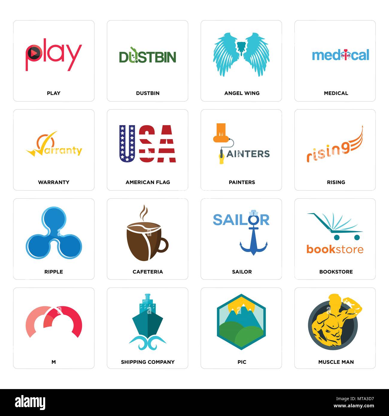 16 Einfache editierbare Ikonen wie Kraftprotz, pic, Reederei, m, Buchhandlung, Spielen, Garantie, Welligkeit, Maler können für mobile, Web verwendet werden. Stock Vektor