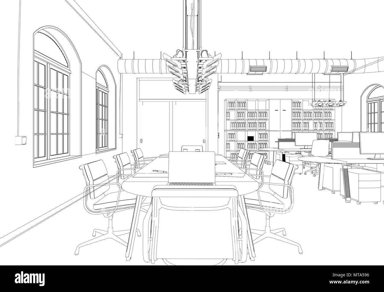 Interior Design großes Büro Zimmer mit Schreibtischen benutzerdefiniertes Zeichnen Stockfoto