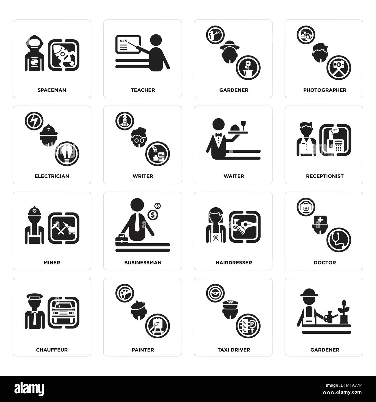 16 Einfache editierbare Ikonen wie Gärtner, Taxifahrer, Maler, Chauffeur, Arzt, Spaceman, Elektriker, Bergmann, Kellner für mobile verwendet werden. Stock Vektor