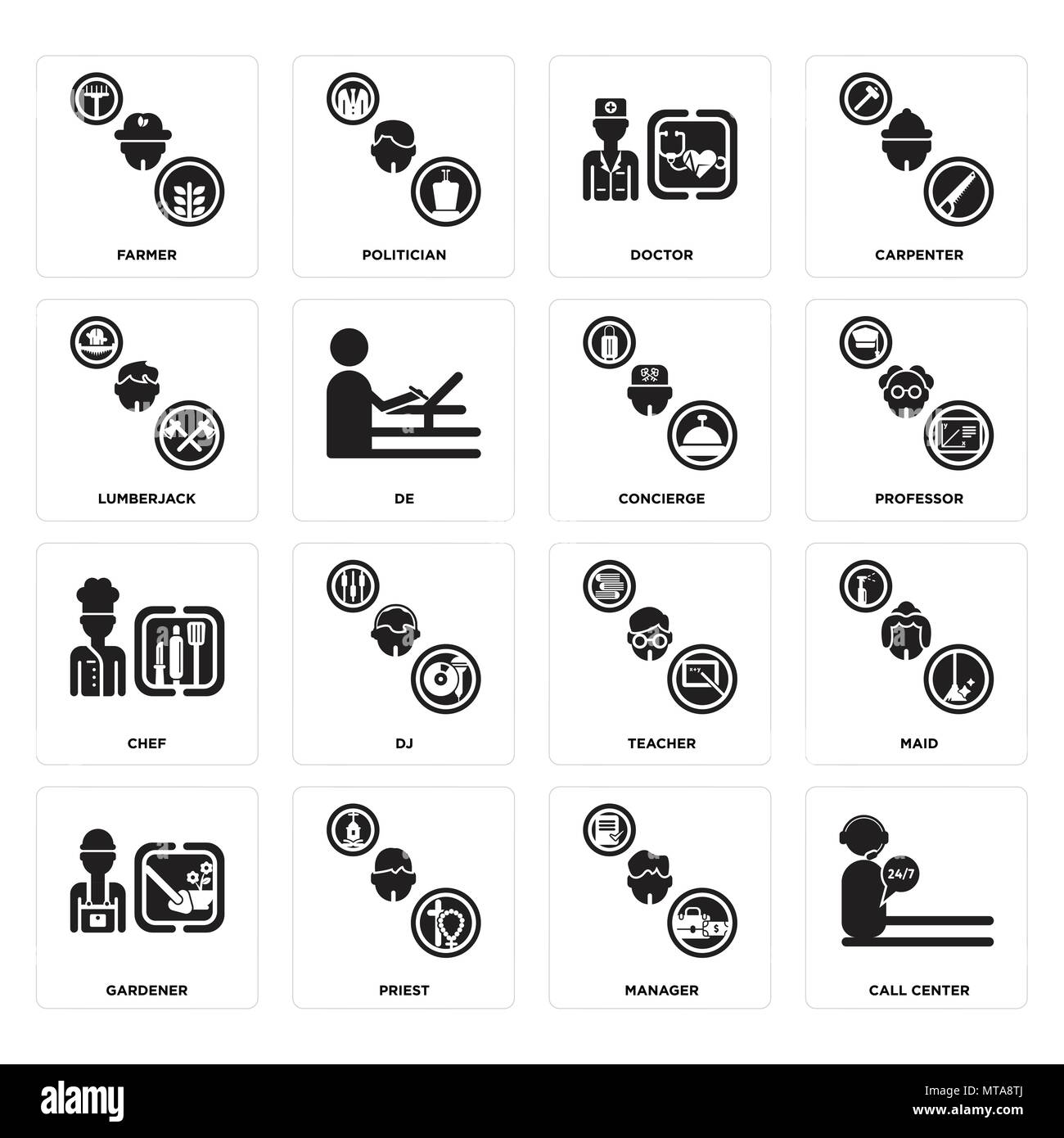 16 Einfache editierbare Ikonen wie Call Center, Manager, Priester, Gärtner, Zimmermädchen, Landwirt, Forstwirt, Koch, Concierge kann für mobile, Web verwendet werden. Stock Vektor