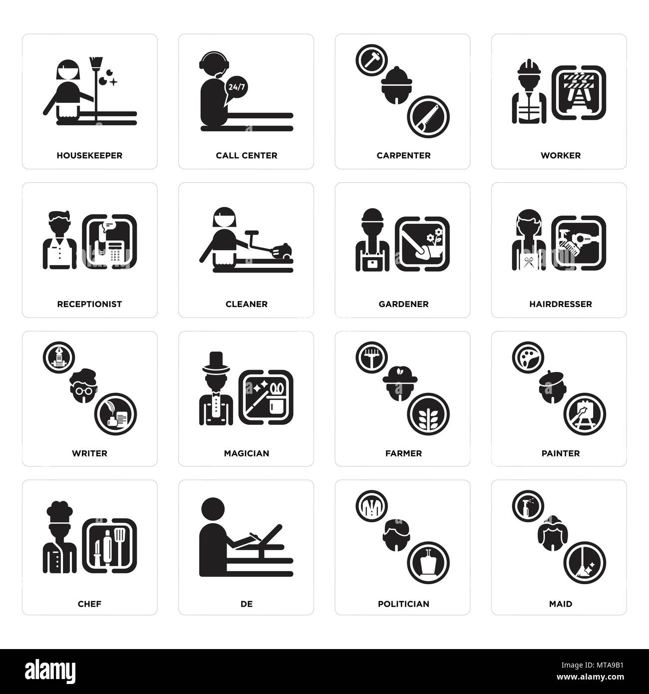 16 Einfache editierbare Ikonen wie Maid, Politiker, De, Koch, Maler, Haushälterin, Empfangsdame, Schriftsteller, Gärtner kann für mobile verwendet werden, Web U Stock Vektor