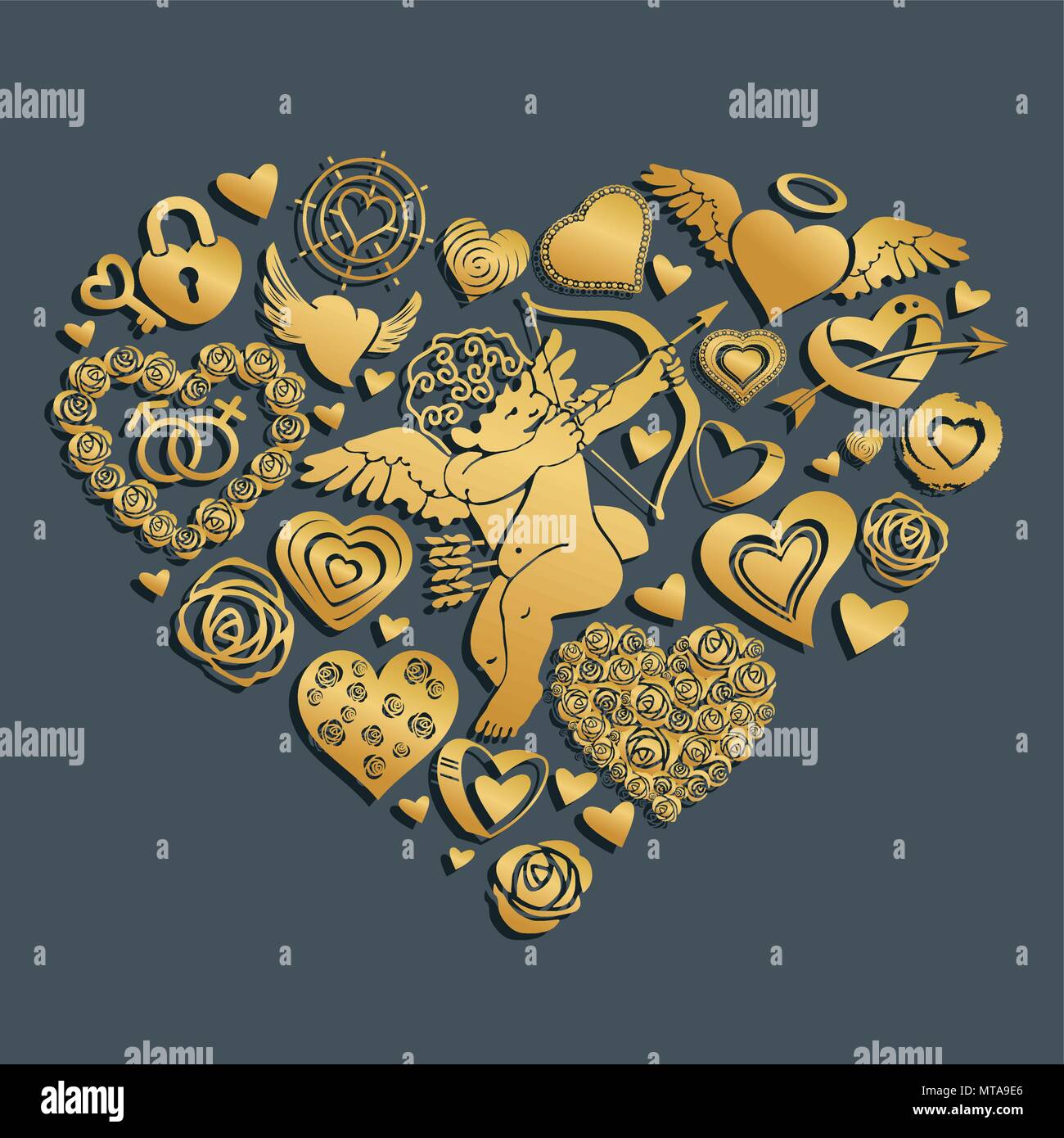 Grußkarten zum Valentinstag mit einem großen Herzen, bestehend aus Blumen, Amor, kleinen Herzen, Schlösser und Schlüssel. Vector Illustration über dunkle backgr Stock Vektor