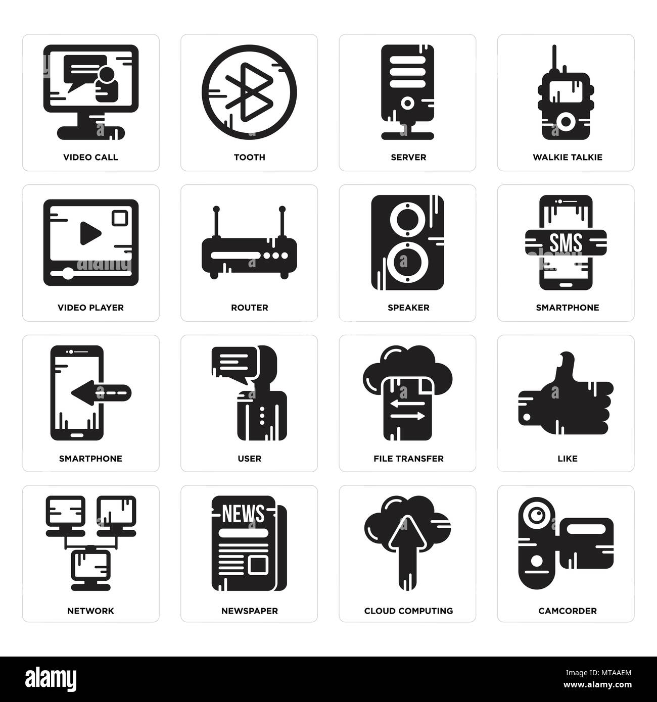 16 Einfache editierbare Ikonen wie Camcorder, Cloud Computing, Zeitung, Netzwerk, wie, Videokonferenz, Player, Smartphone, Sprecher verwendet werden kann. Stock Vektor