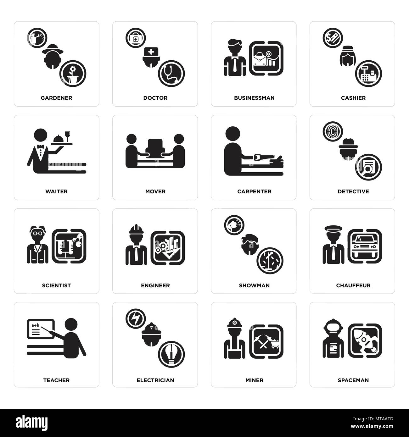 16 Einfache editierbare Ikonen wie Spaceman, Bergmann, Elektriker, Lehrer, Chauffeur, Gärtner, Kellner, Wissenschaftler, Tischler können für mobil verwendet werden. Stock Vektor