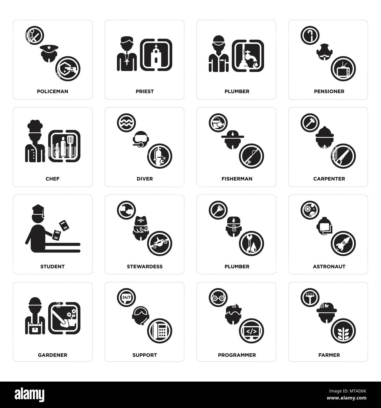 16 Einfache editierbare Ikonen wie Bauer, Programmierer, Support, Gärtner, Astronaut, Polizist, Koch, Student, Fisherman für mobile verwendet werden, Stock Vektor