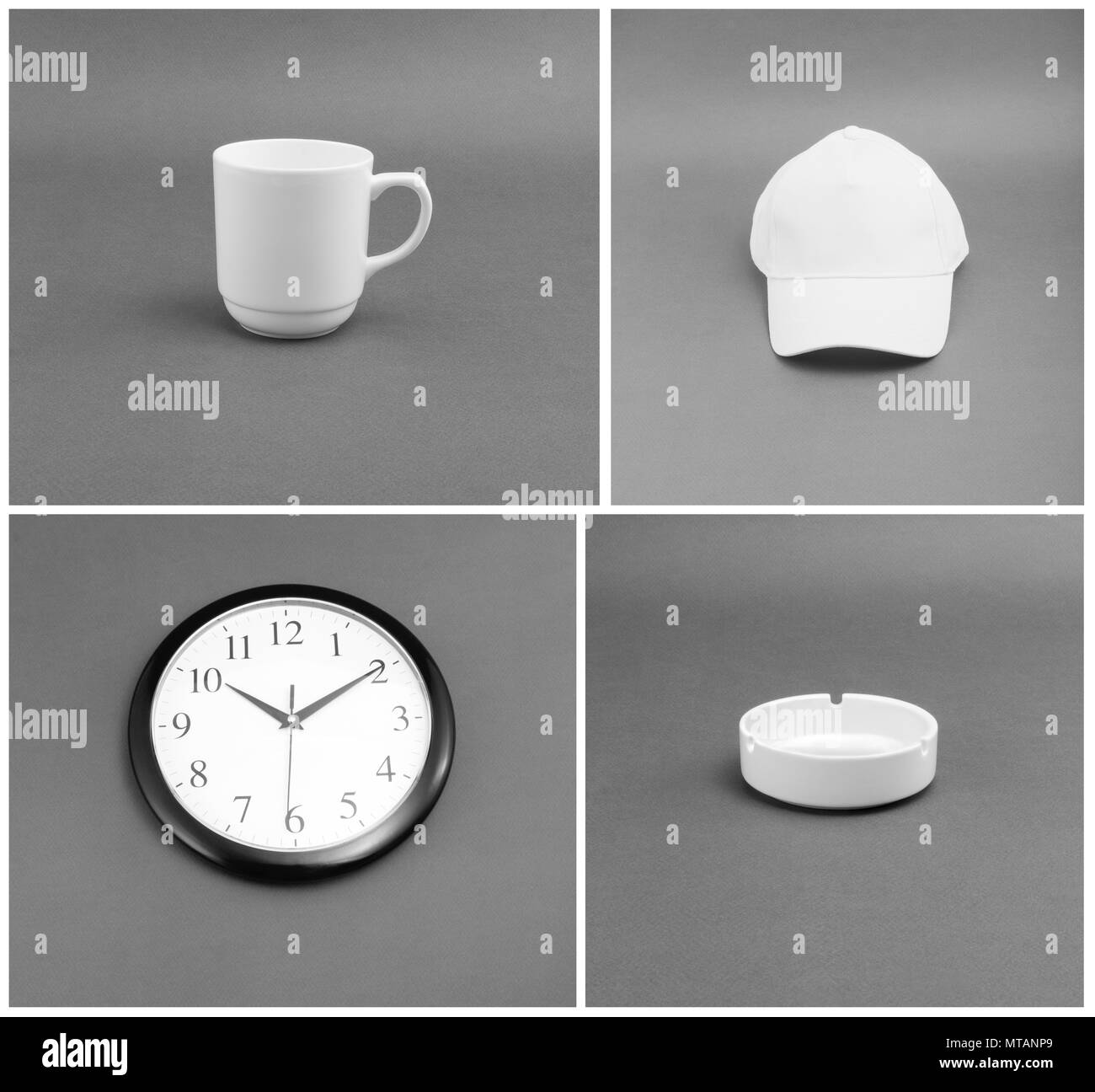 Weiße Objekte der Identität - Schale, Uhren, Kappe, Aschenbecher auf grauem Hintergrund Stockfoto
