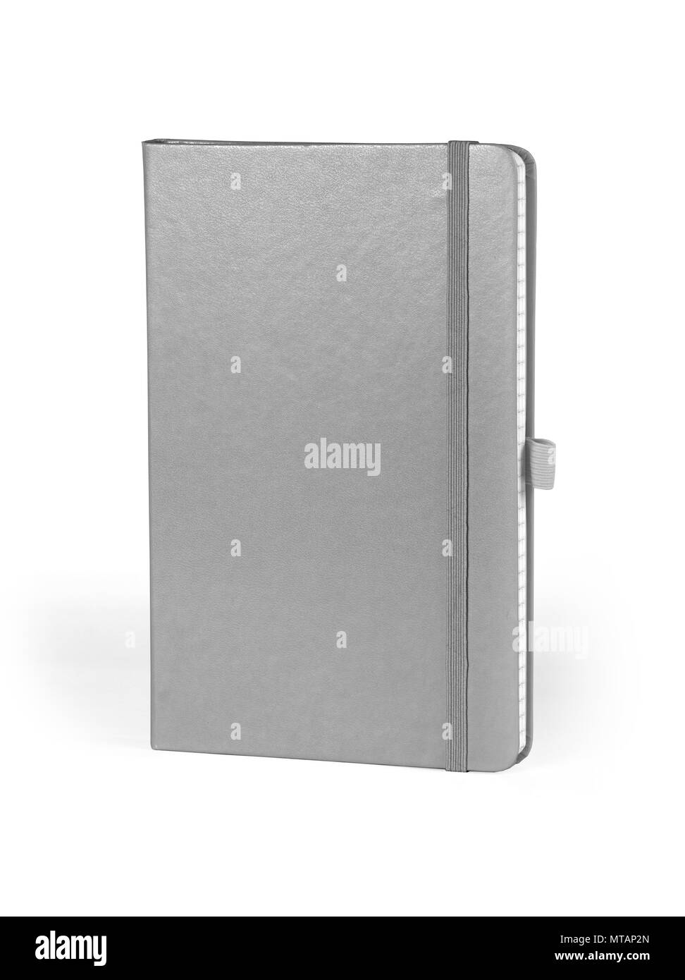 Moleskin Notebook mit Gummizug auf weißem Hintergrund Stockfoto