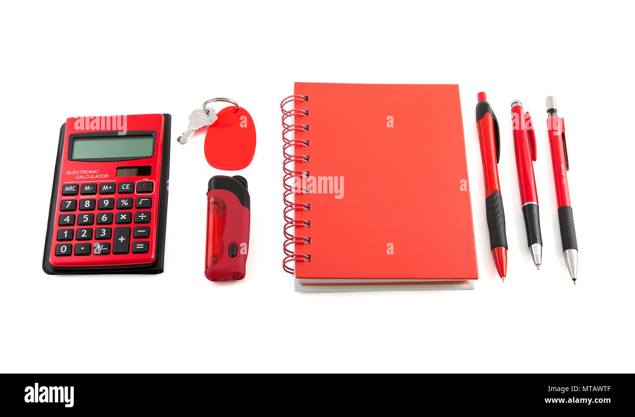 Rote corporate identity, Taschenrechner, Bleistift, Hinweis, Buch, isoliert Stockfoto