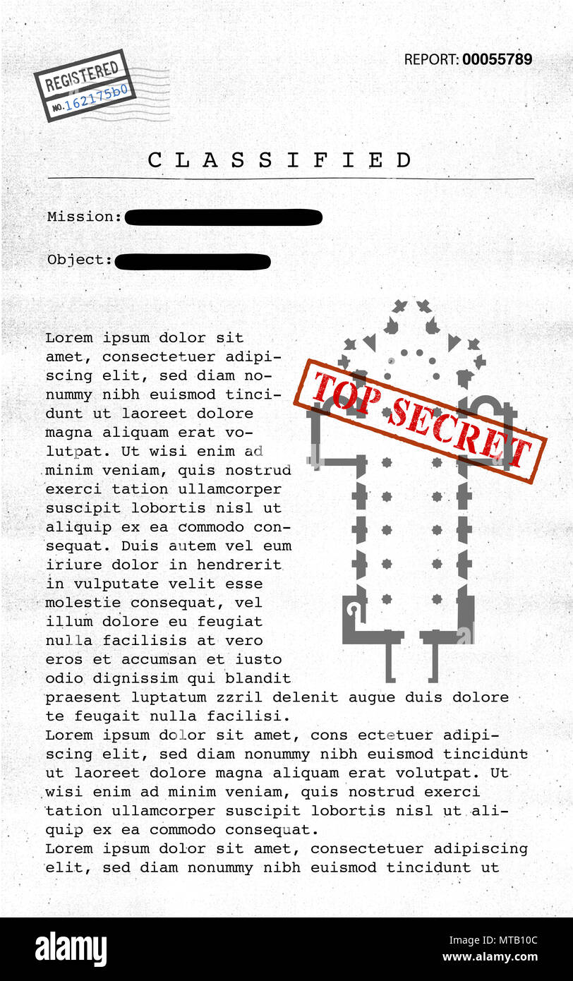 Top Secret document, Deklassierte, vertrauliche Informationen, geheime Text. Nicht-öffentliche Informationen. Blatt Papier mit Verschlusssachen. Stockfoto