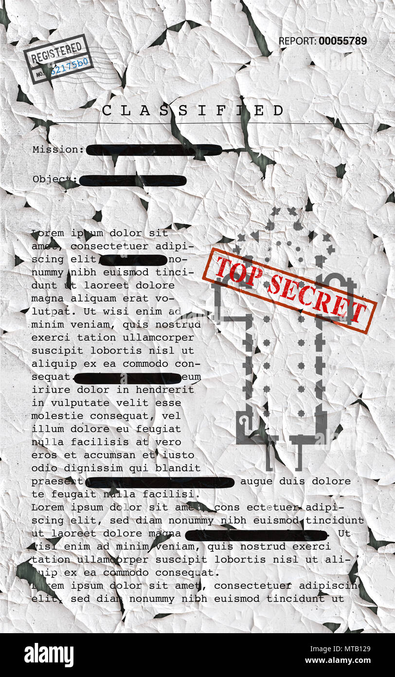 Top Secret document, Deklassierte, vertrauliche Informationen, geheime Text. Nicht-öffentliche Informationen. Blatt Papier mit Verschlusssachen. Stockfoto