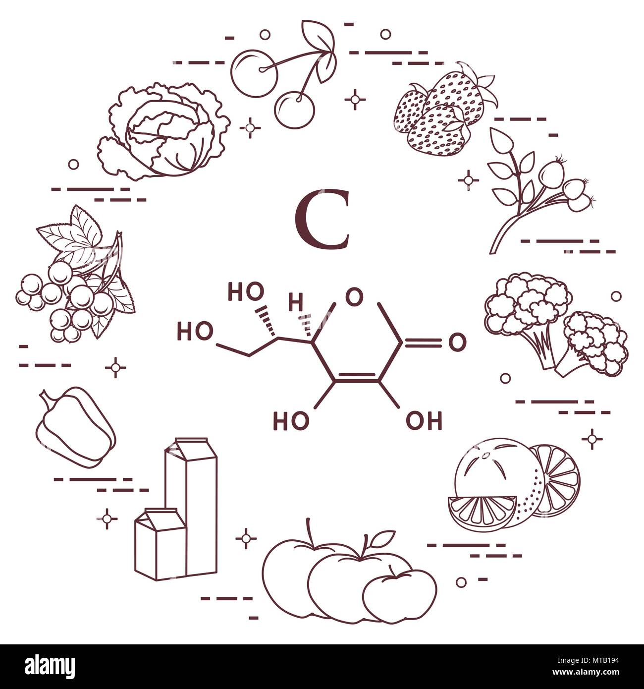 Lebensmittel, die reich an Vitamin C Kirsche, Erdbeere, Dog Rose, Blumenkohl, Orangen, Äpfel, Milch, Milchprodukte, Paprika, Schwarze Johannisbeeren, Kohl. Stock Vektor