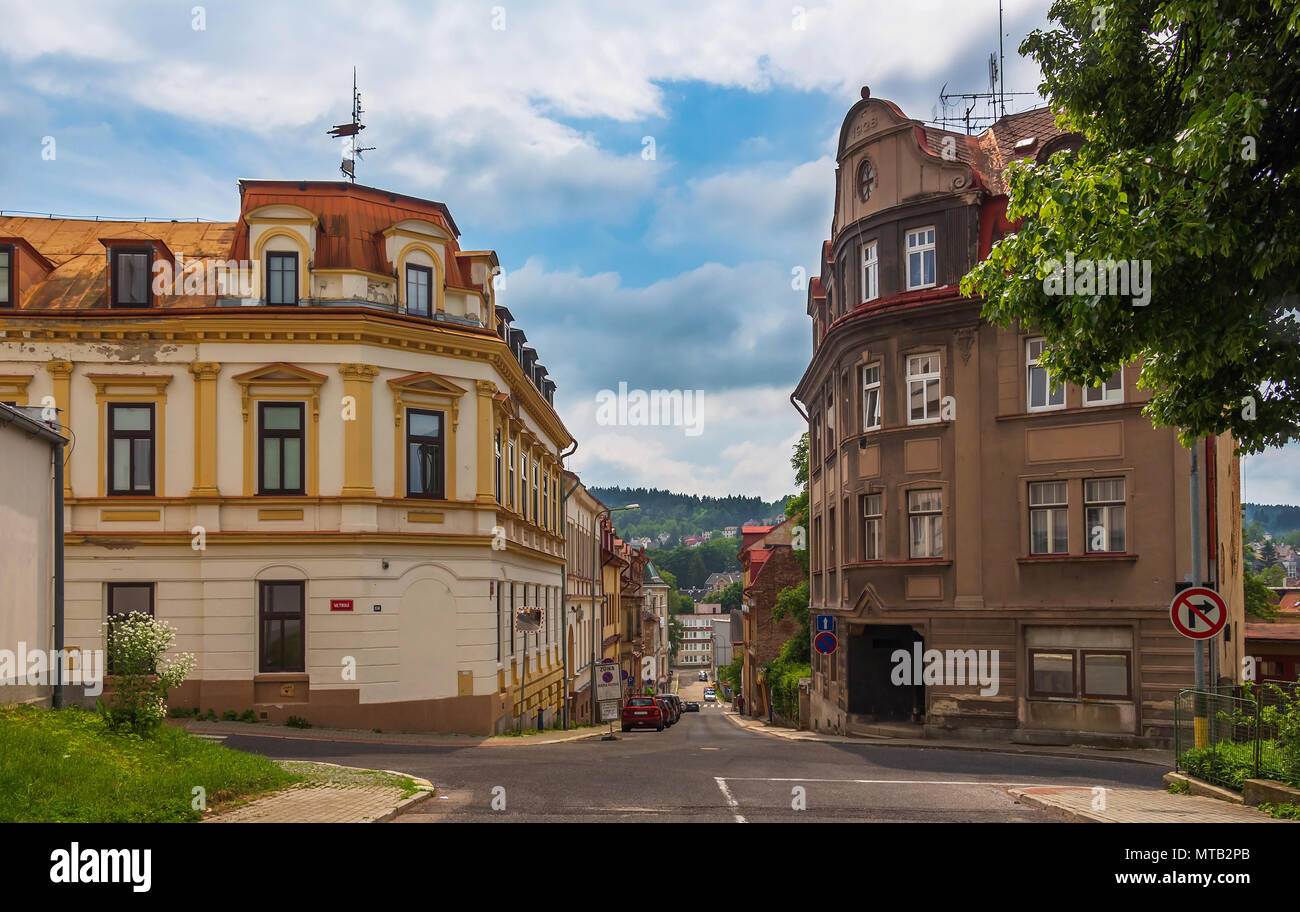 Die alten Häuser an der Kreuzung der Mlynska und Svatupluka Guild Stockfoto