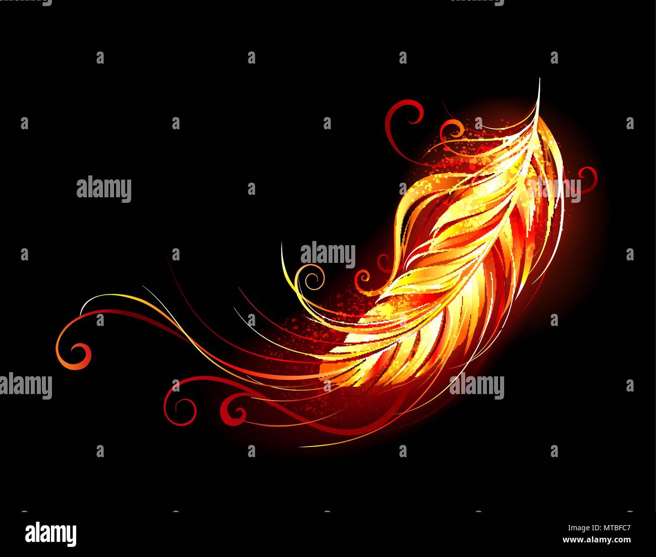 Helle Feder aus Feuer und Flamme auf schwarzem Hintergrund. Stock Vektor