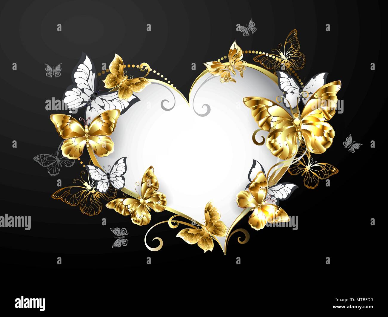 Banner In Form Von Herzen Mit Gold Und Weiss Schmetterlinge Auf Schwarzen Hintergrund Eingerichtet Stock Vektorgrafik Alamy