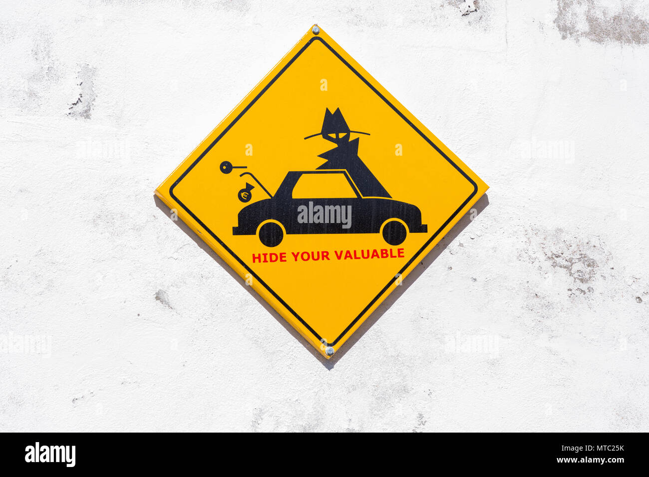 Anmelden Warnung Besucher nicht für Wertsachen auf Ansicht in ihre Autos, Vilaflor, Kanarische Inseln, Spanien, Stockfoto