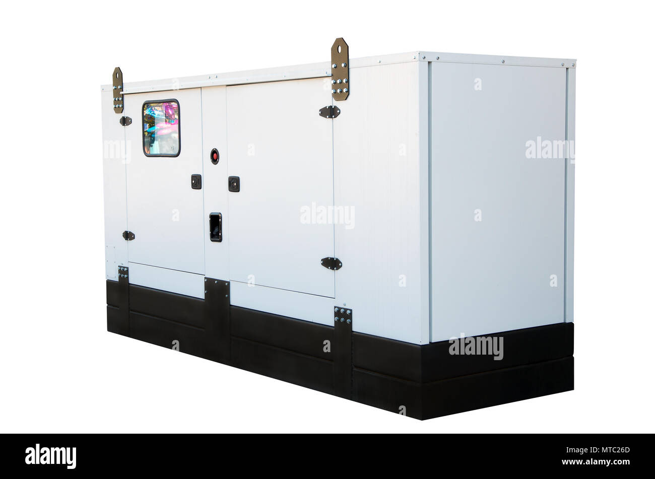 Generator Haus Unterstützung für Sofortmaßnahmen elektrische Energie. Auf weissem Hintergrund. Stockfoto