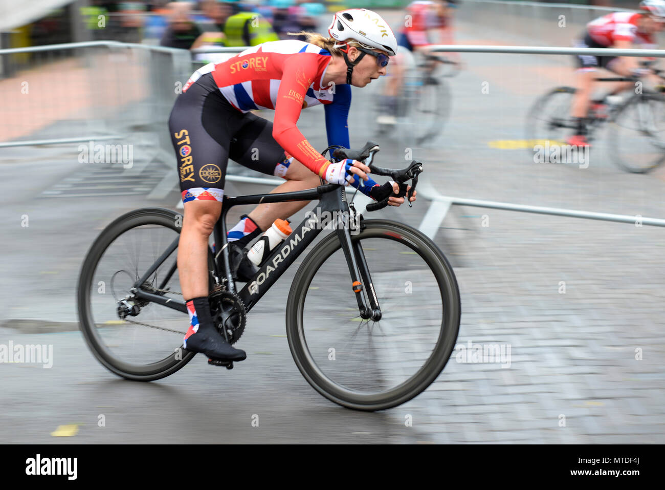 Ejay Harris von Team Geschichte Racing reiten in der Elite Frauen 2018 OVO Energy Tour Serie Radrennen im Wembley, London, UK. Runde 7 Bike Race. Stockfoto