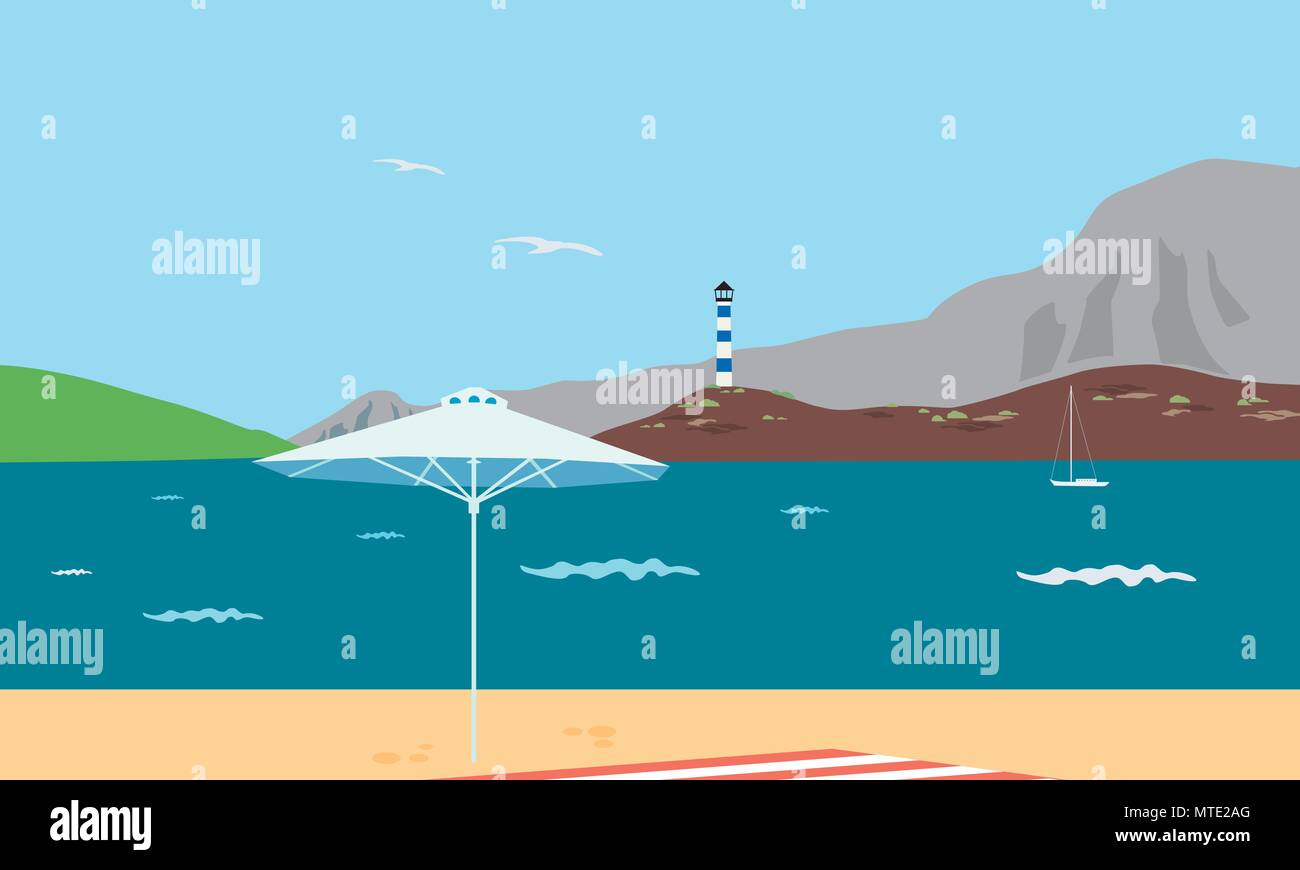 Tropische Landschaft mit Blick auf das Meer, Leuchtturm auf einer Klippe und Strand mit Sonnenschirm, unter blauer Himmel mit fliegende Möwe-Vektor Stock Vektor