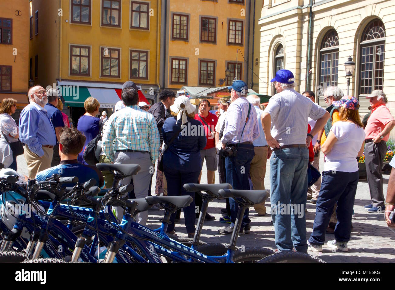 Ein Reiseleiter im Gespräch mit einer Gruppe von Menschen über die Geschichte der Stortorget, Gamla Stan, Stockholm Stockfoto