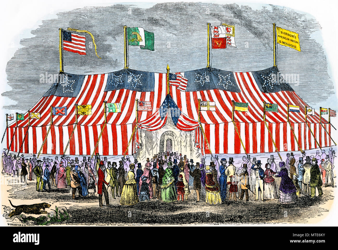 Riesiges Zelt von P.T. Barnum's American Museum und Menagerie, 1850. Hand - farbige Holzschnitt Stockfoto