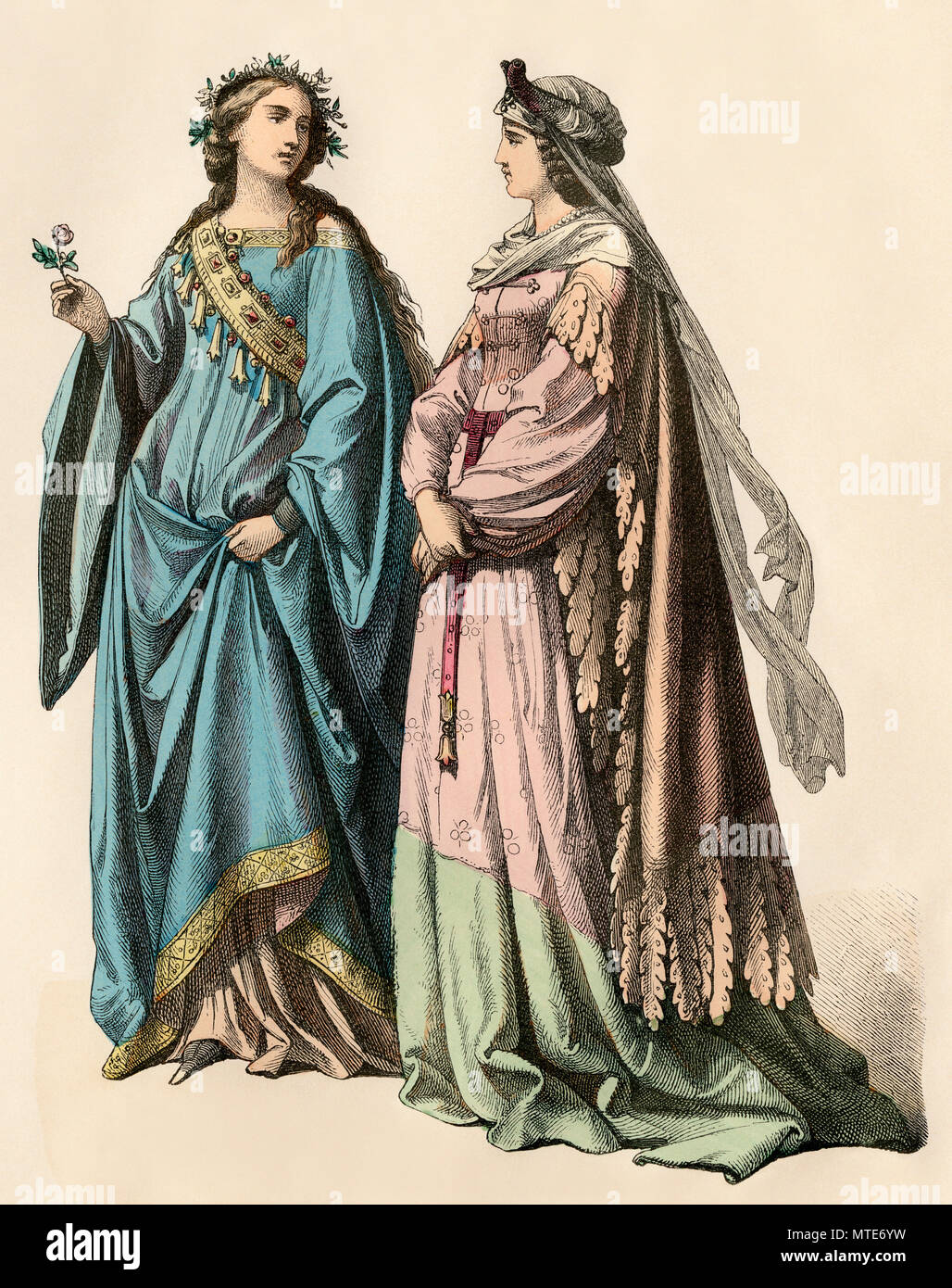 Edle Damen des 1400. Hand-farbig drucken Stockfoto