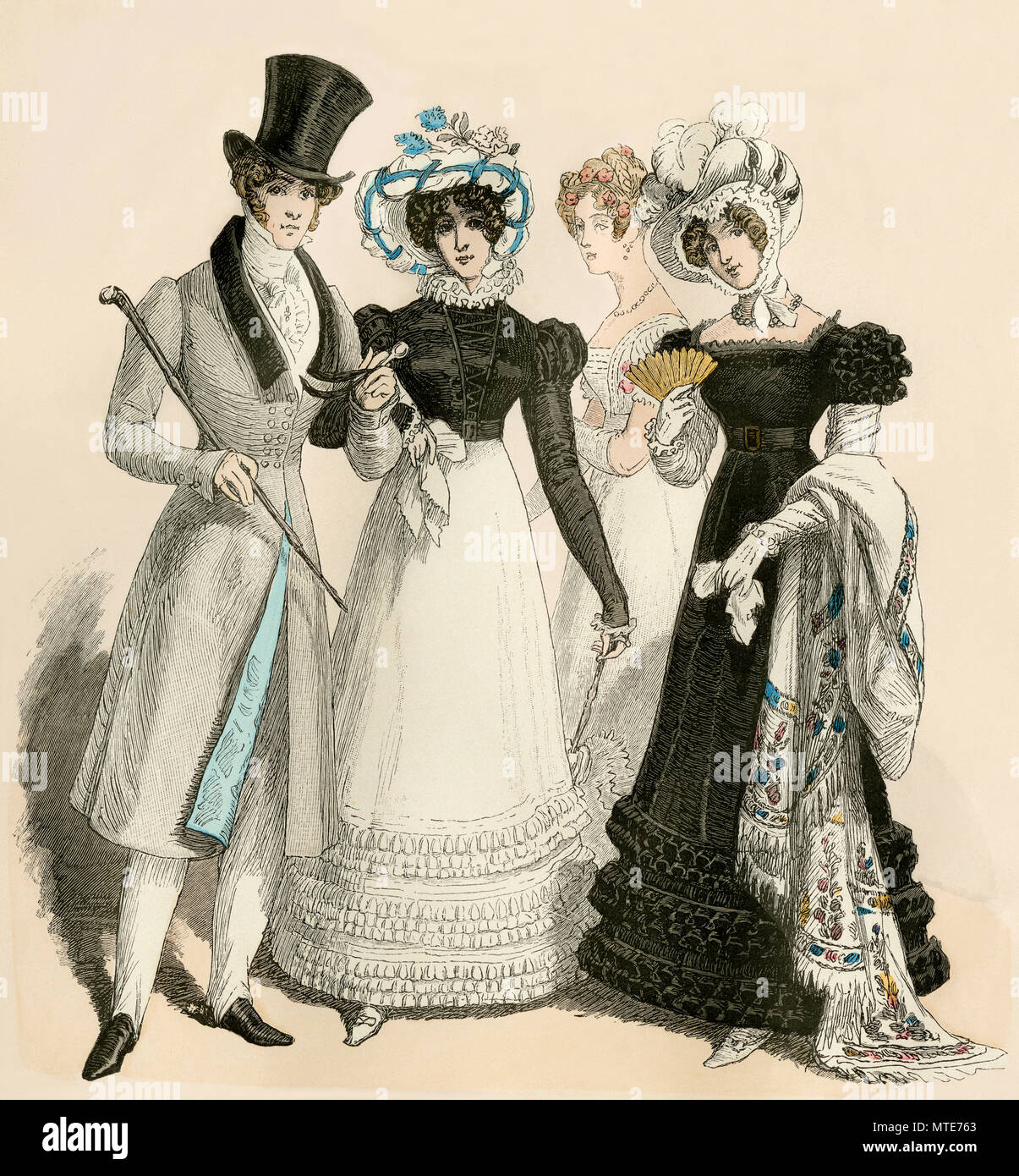 High Society Europäer tragen die neuesten Moden, 1820. Hand-farbig drucken Stockfoto