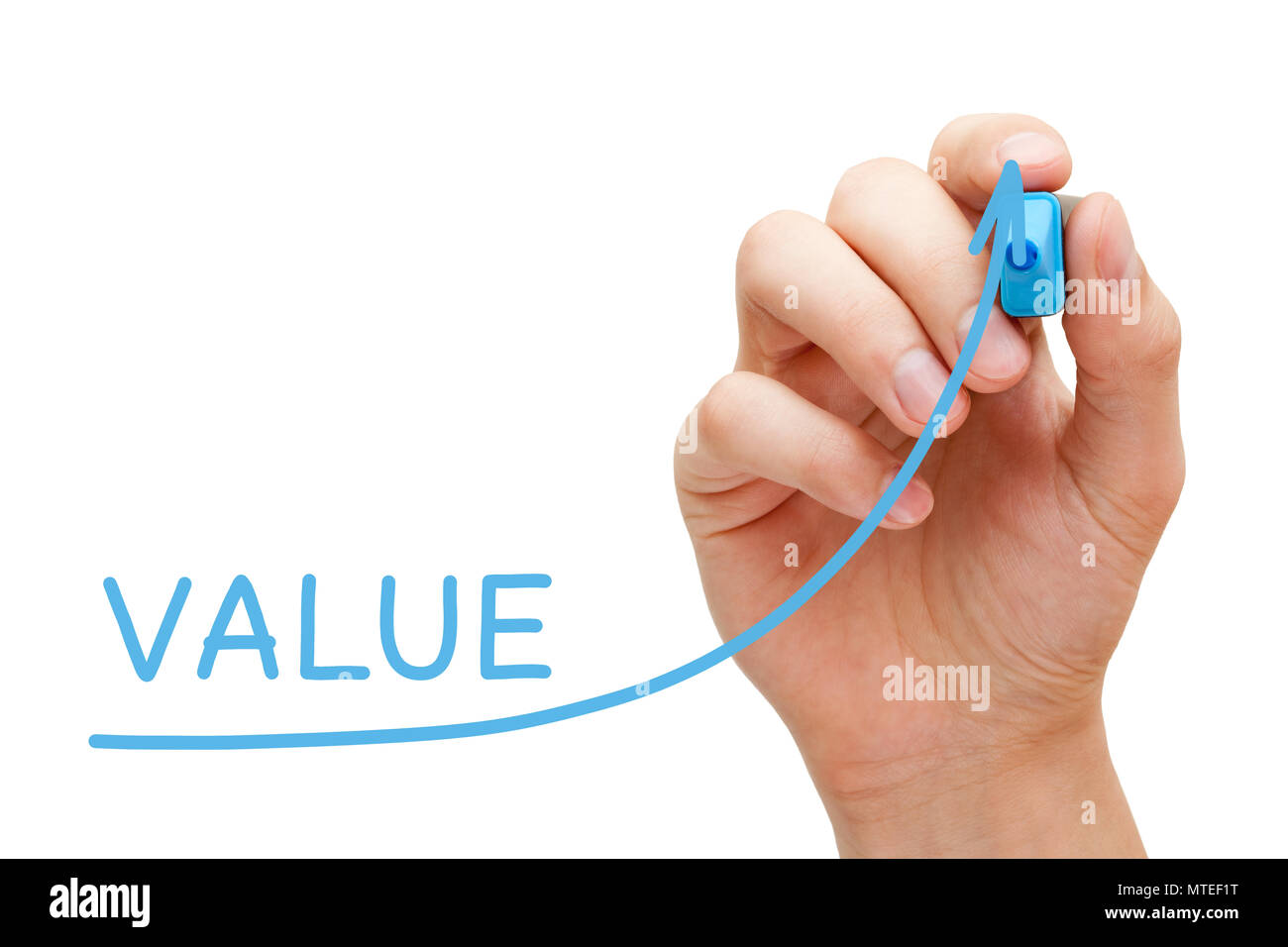 Handzeichnung wachsenden Wert Graph mit blauen Markierung auf transparenten Board abwischen. Stockfoto