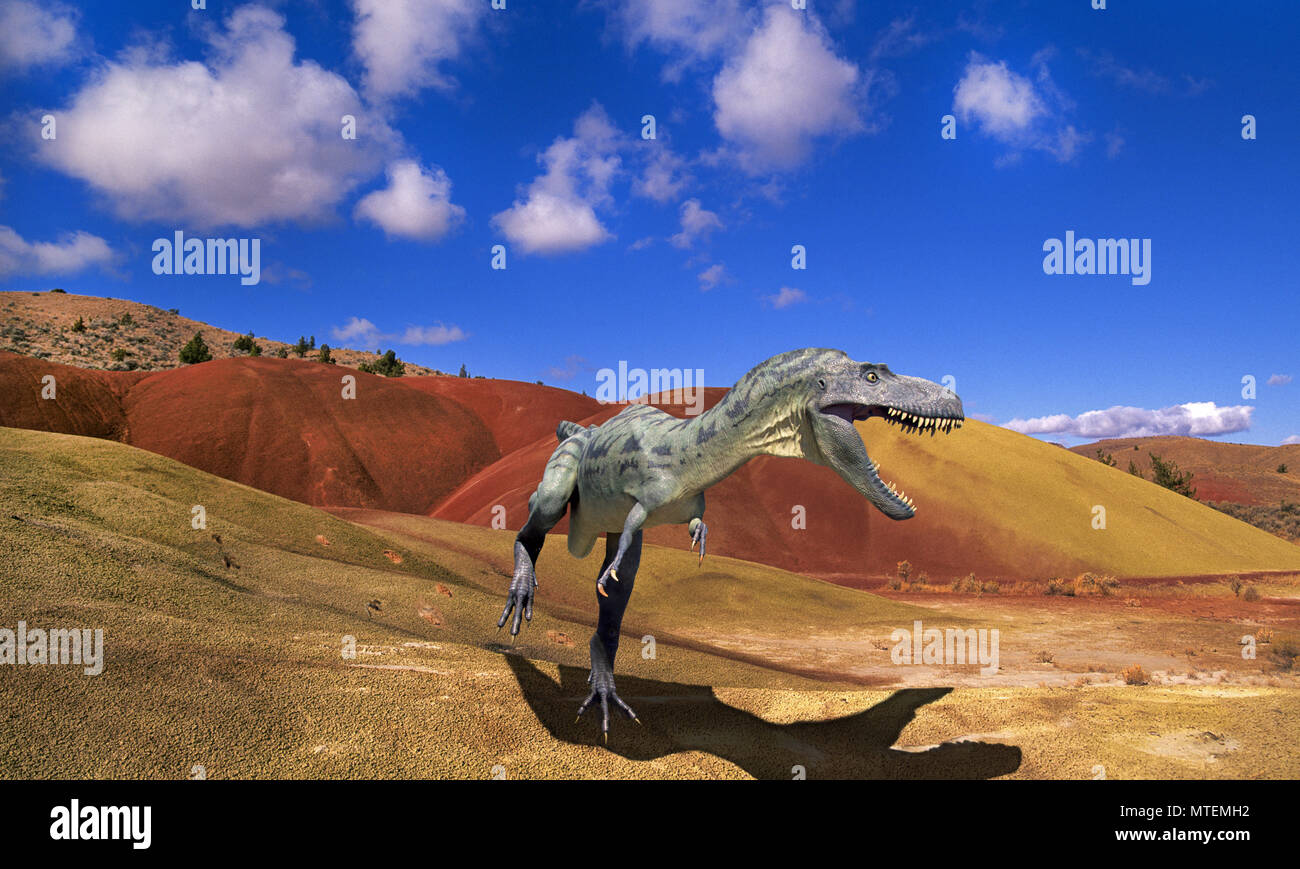 Deinonychus, einer der kleineren Fleisch essen oder fleischfressende Dinosaurier stengel durch eine vulkanische Wüste unter einem prähistorischen Himmel. Stockfoto