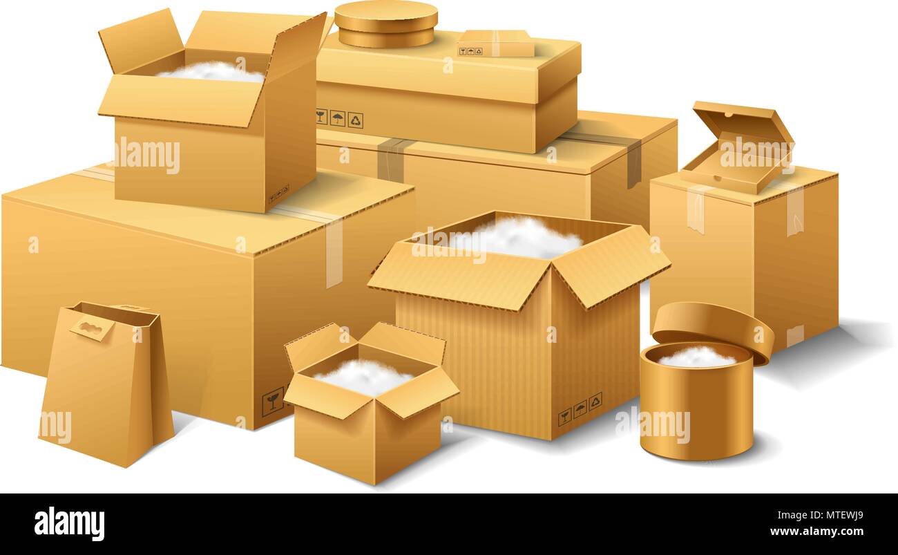 Stapel von realistischen gestapelt Karton. Braun Lieferung. Leeren Karton, offene und versiegelte Packung mit auf Transparenten weißen Hintergrund. Organisiert von der Schicht. Container für Schifffahrt, Transport und e-mail Stock Vektor