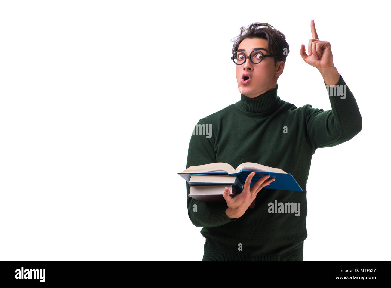 Nerd junger Student mit Büchern isoliert auf weißem Stockfoto