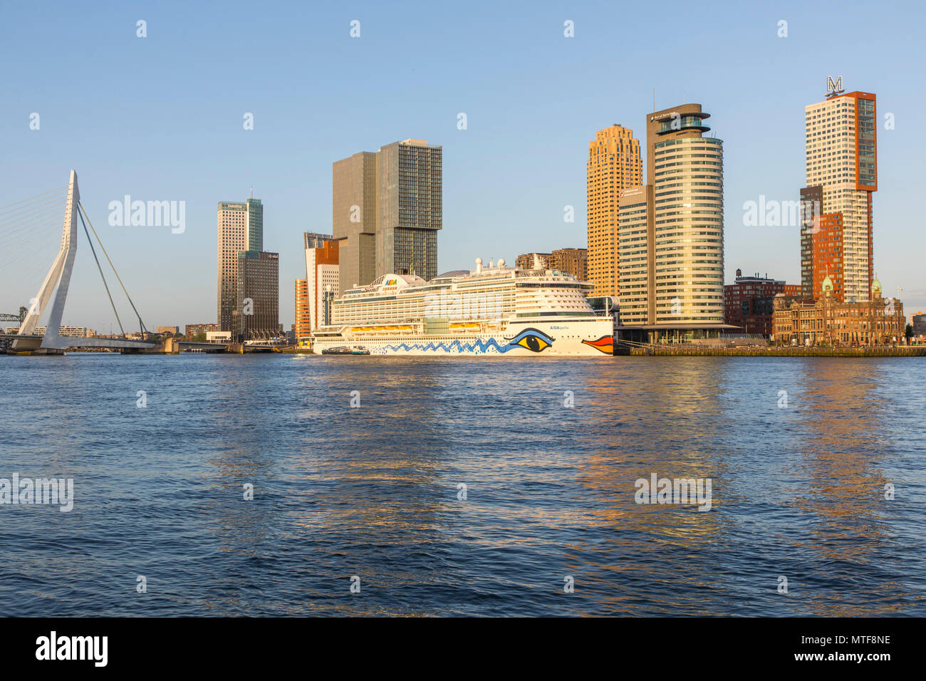 Rotterdam, Skyline auf der Nieuwe Maas, Erasmus Brücke und Wolkenkratzer im "Kop van Zuid" Bezirk, Kreuzfahrtschiff "Aida Perla' am Cruise Terminal, Stockfoto