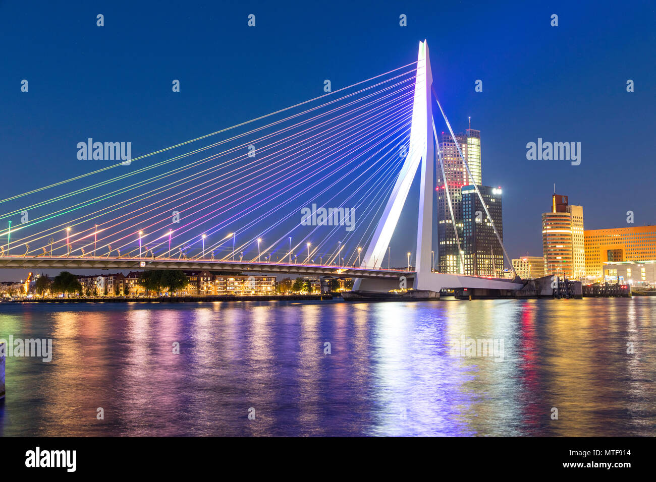 Rotterdam, Skyline auf der Nieuwe Maas, Erasmus Brücke und Wolkenkratzer im "Kop van Zuid", Stockfoto