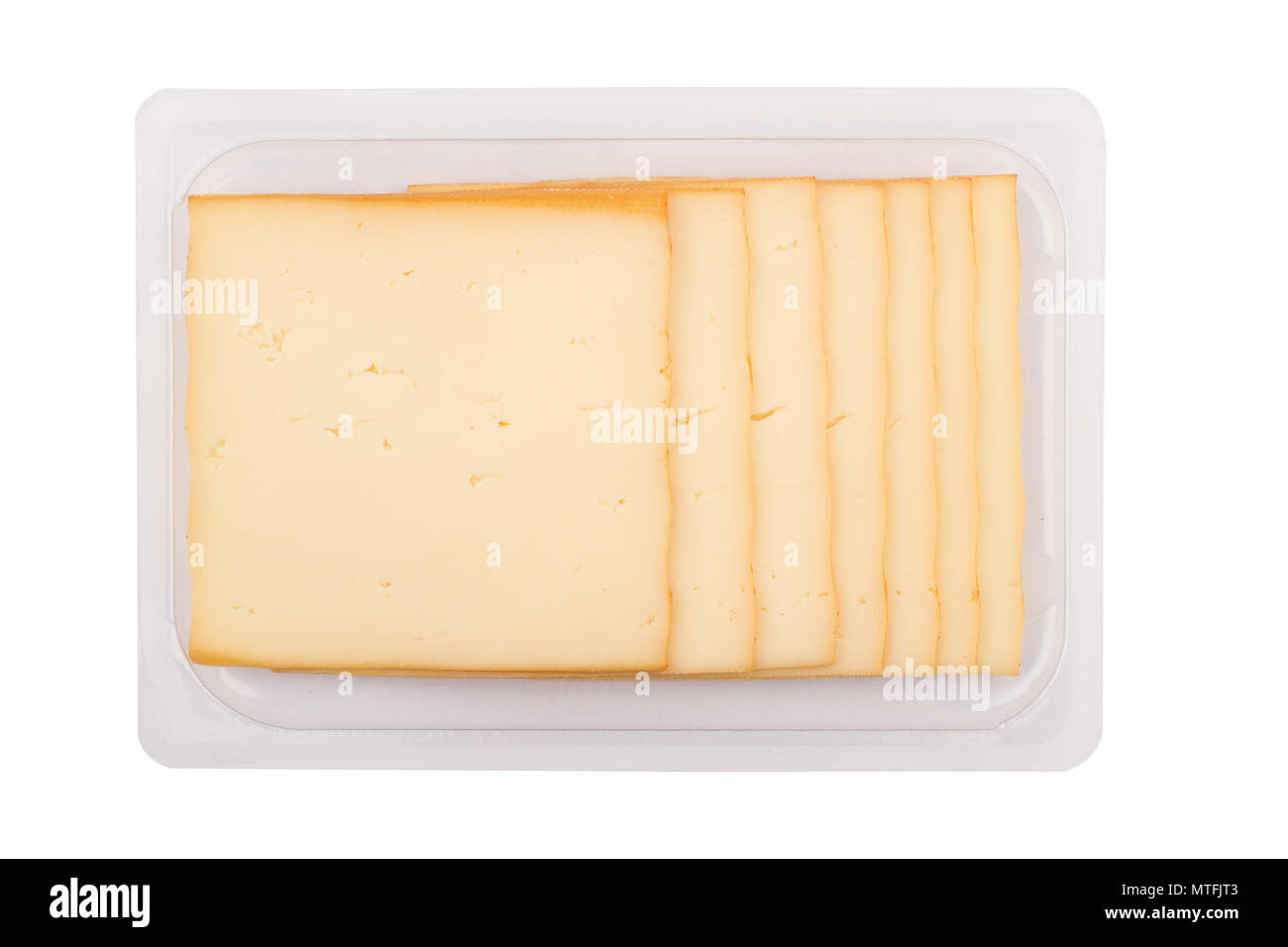 Ansicht von oben closeup von quadratischen Käse geräuchert Schichten in Verpackungen auf weißem Hintergrund Stockfoto