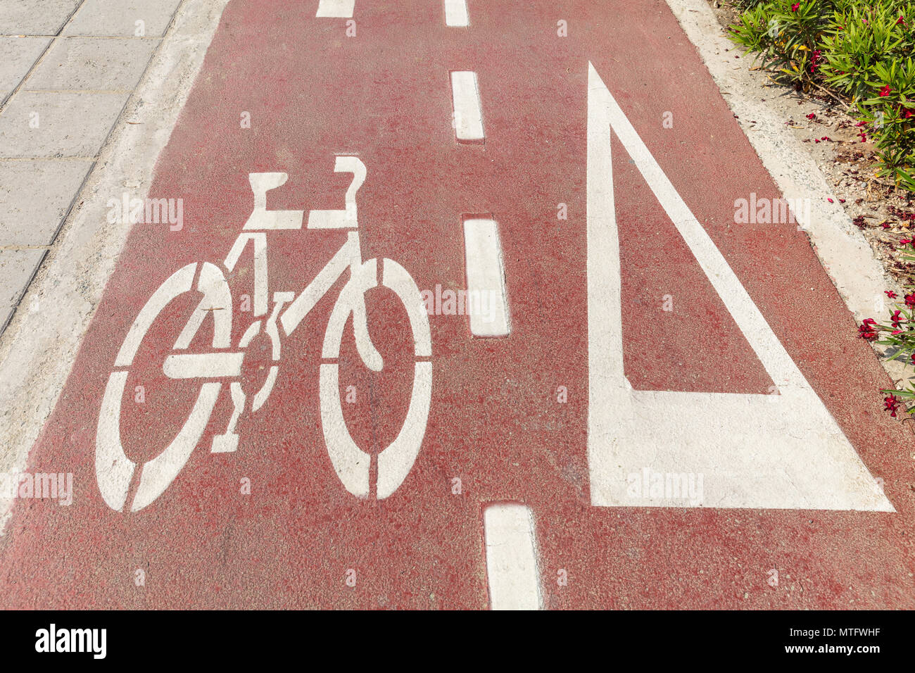 Radweg. Fahrrad unterzeichnen und weiße Pfeil auf dem roten Asphalt Pfad Stockfoto