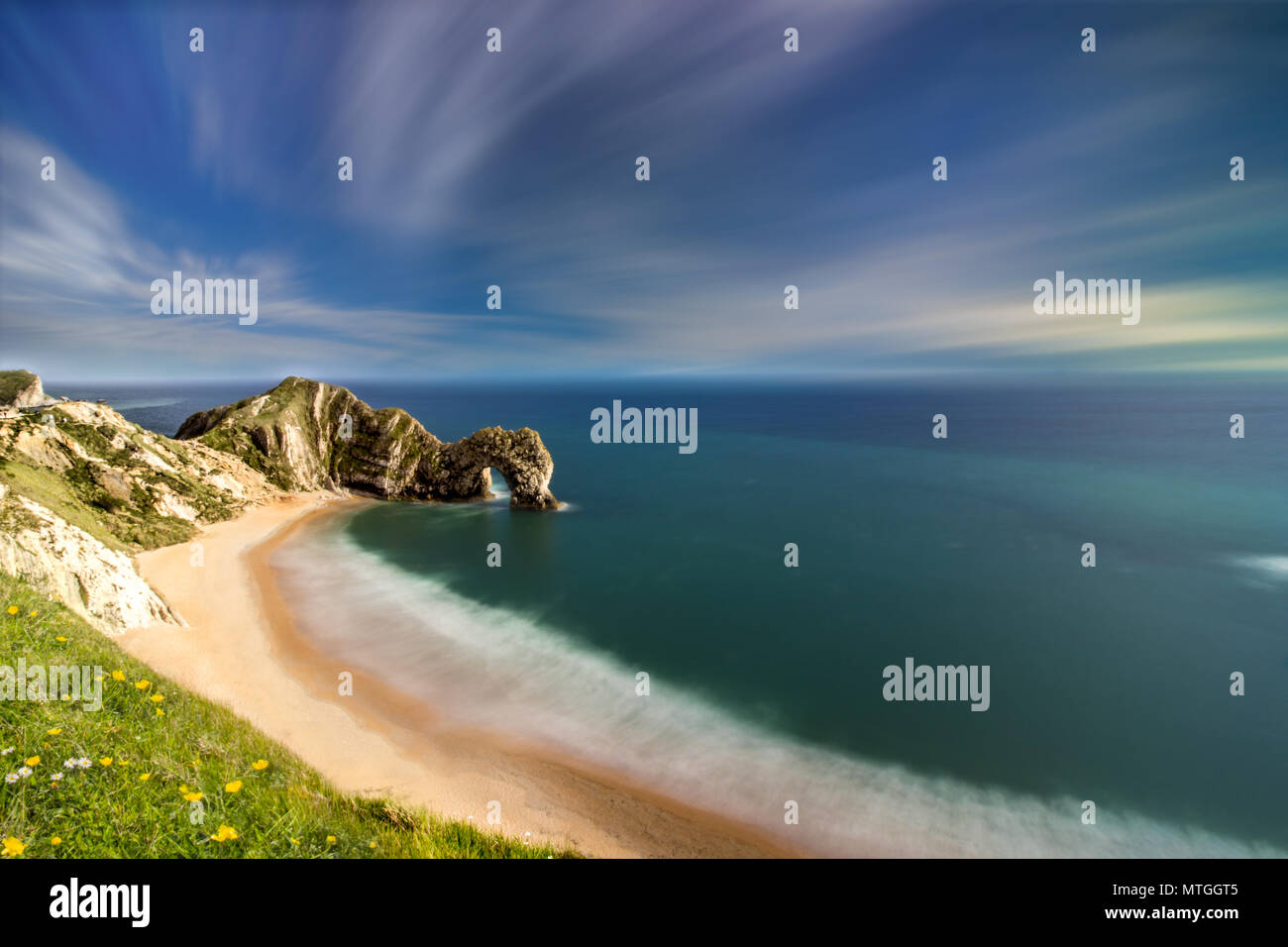 Eine lange Exposition von Durdle Door Strand in Dorset, West Lulworth Stockfoto