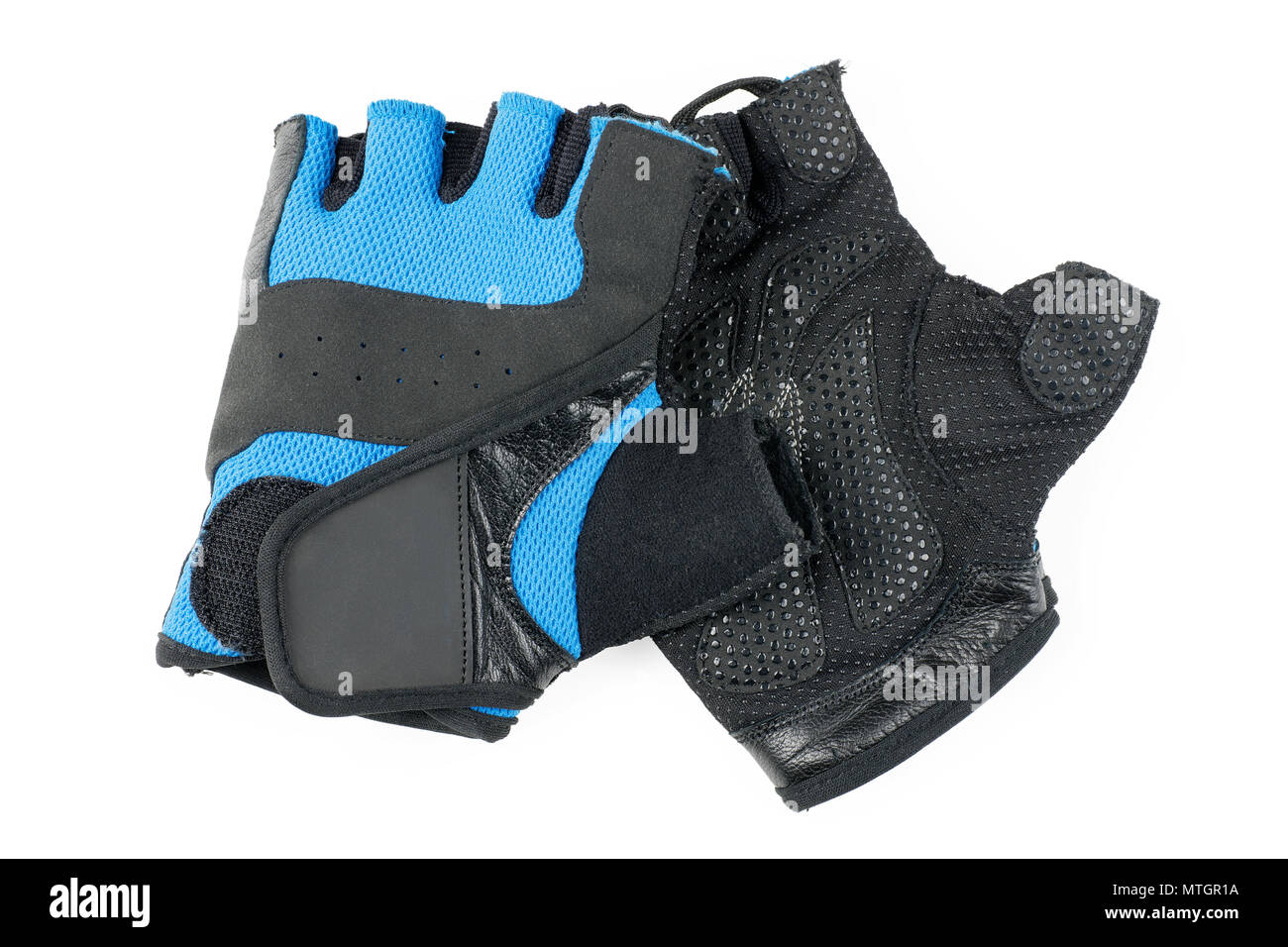 Blau und Schwarz radfahren oder Fitness Handschuhe auf weißem Hintergrund Stockfoto