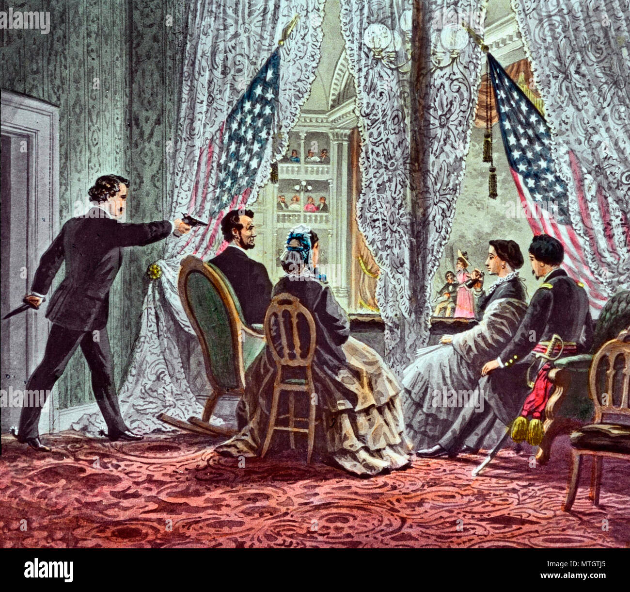 John Wilkes Booth vorwärts lehnen Präsident Abraham Lincoln zu schießen, wie er Uhren Unsere amerikanischen Cousins am Ford's Theater in Washington, D.C., 14. April 1865. Stockfoto