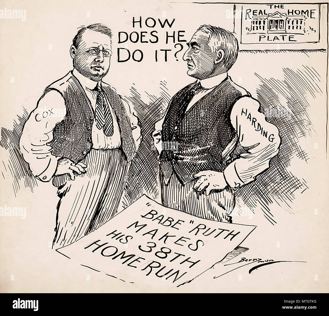 "Wie kann er es tun?" Präsidentschaftskandidaten Warren G. Harding und James M. Cox nutzen Ein weiterer großer Geschichte von 1920 zu erwägen, Babe Ruth's Rekordverdächtige home run Tally (Er schlug 54, bricht seinen eigenen Rekord von 29). Stockfoto