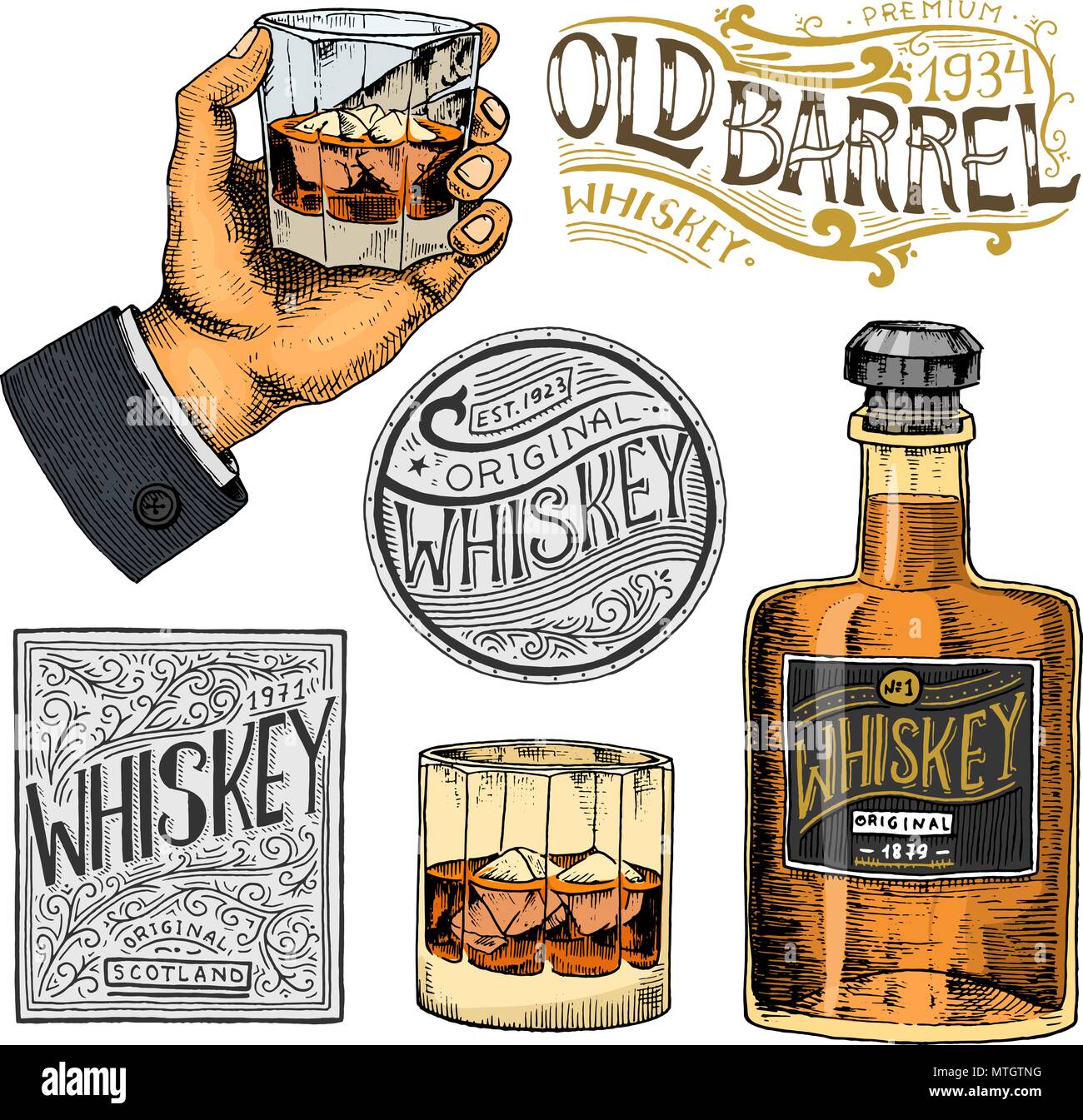 Vintage American Whiskey Abzeichen. Alkoholische Label mit kalligrafischen Elementen. Hand gezeichnete Skizze gravierte Schriftzug für t-shirt. Klassische Rahmen für die Flasche Stock Vektor