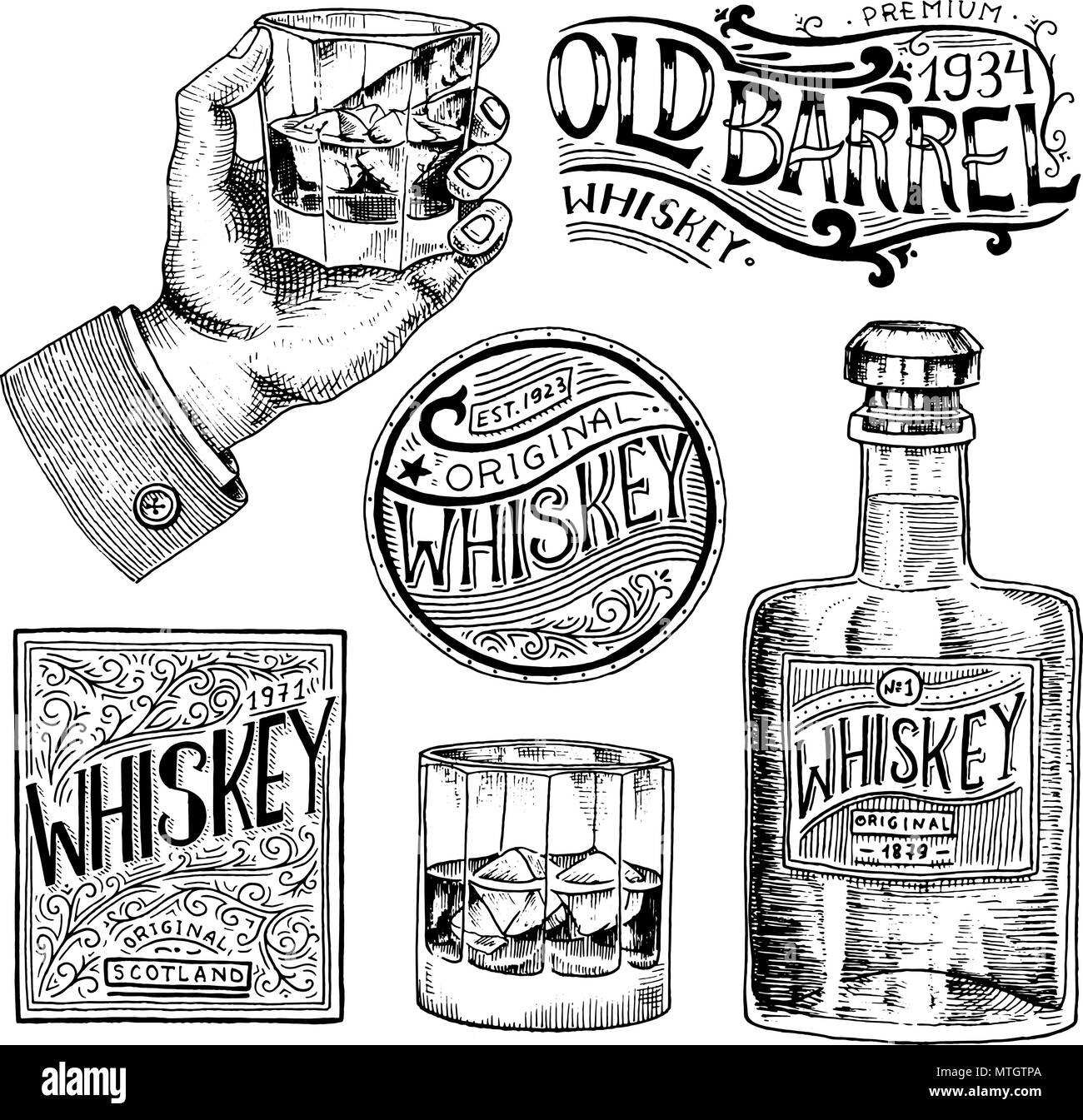 Vintage American Whiskey Abzeichen. Alkoholische Label mit kalligrafischen Elementen. Klassische Rahmen für Poster Banner. Glas mit Alkohol. Cheers Toast. Ha Stock Vektor