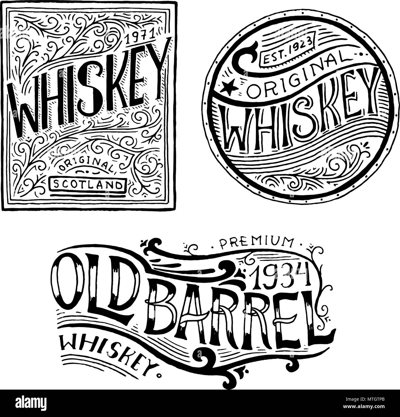 Vintage American Whiskey Abzeichen. Alkoholische Label mit kalligrafischen Elementen. Hand gezeichnete Skizze gravierte Schriftzug für t-shirt. Klassische Rahmen für die Flasche Stock Vektor