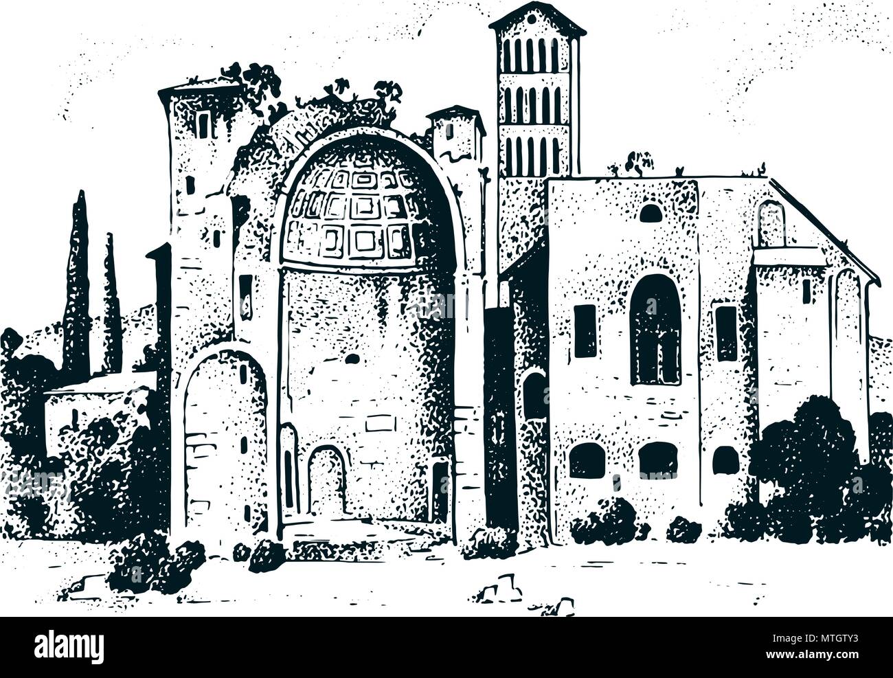 Historische Gebäude. Fassade in Lucca. Gothic Barock Stil. Antike Architektur der Straße in der Toskana Italien. Europäische Stadt auf weißem Hintergrund. Vector Illustration. Hand graviert Skizze. Stock Vektor