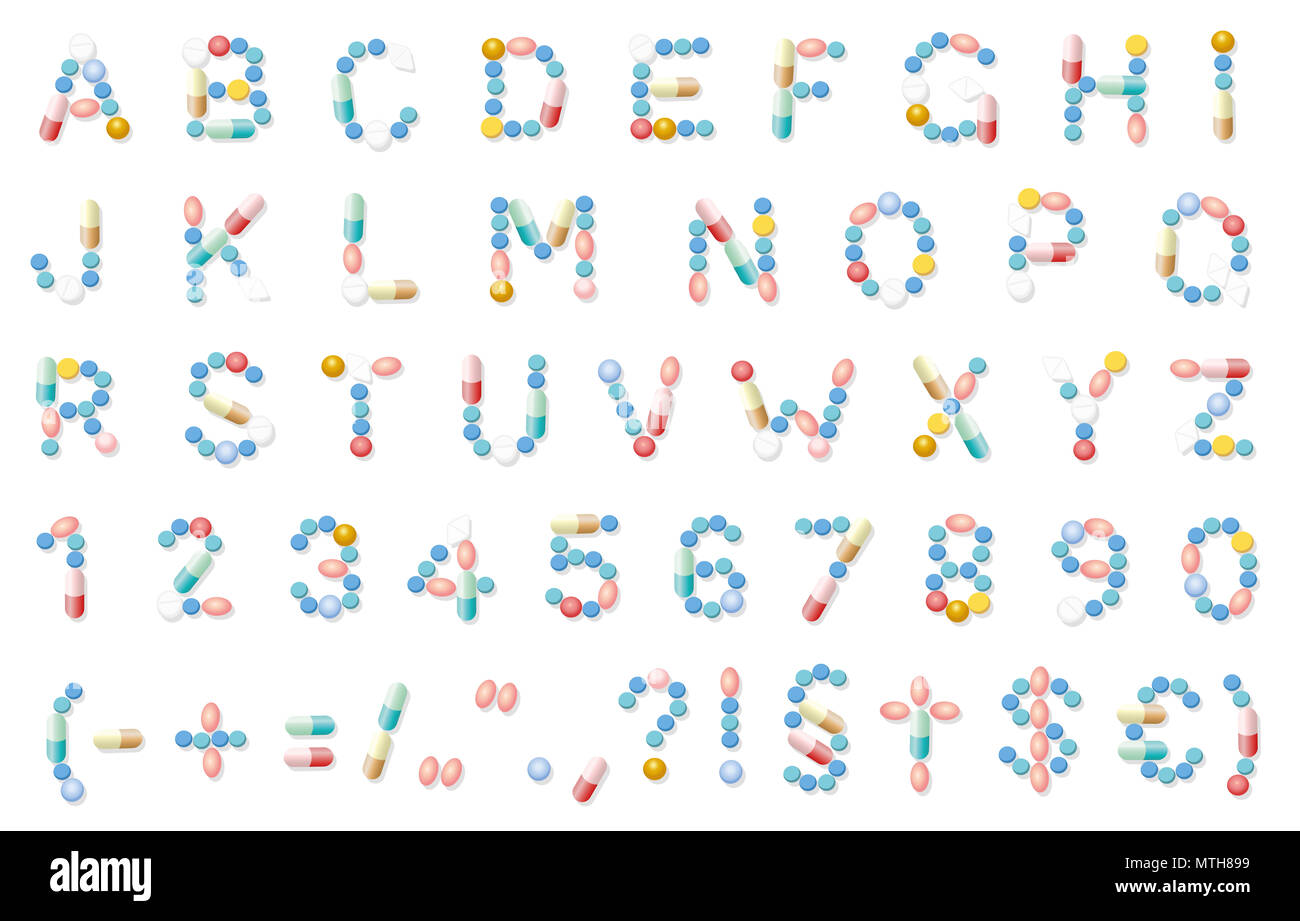 Pillen font, medizinische Alphabet Buchstaben, pharmazeutische Typeface - Abbildung auf weißem Hintergrund. Stockfoto