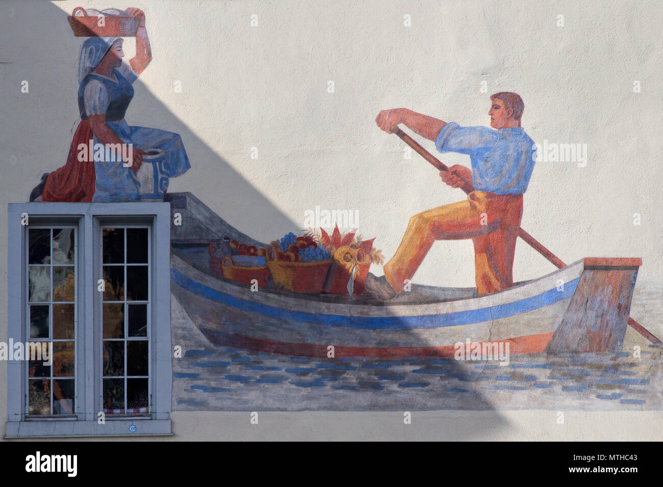Einwohner von Zürich Weg des Lebens in den alten Zeiten (Fresko auf einem Haus entlang des Flusses Limmet) Stockfoto